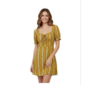 Hem & Thread Mustard Geometric Floral Mini Dress Boho L